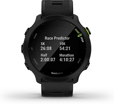 Garmin Jordan spec card (Forerunner 55 race predictor)