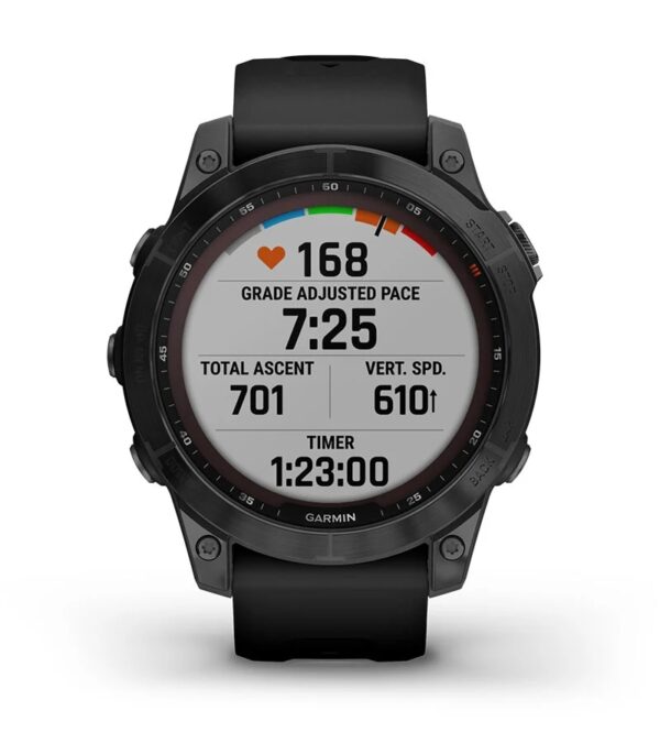 Garmin Jordan spec card (Fenix 7 sapphire solar grade adjusted pace)