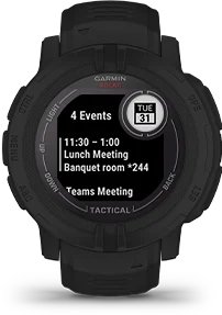 Garmin Jordan spec card (Instinct 2 Solar Tactical calendar view)