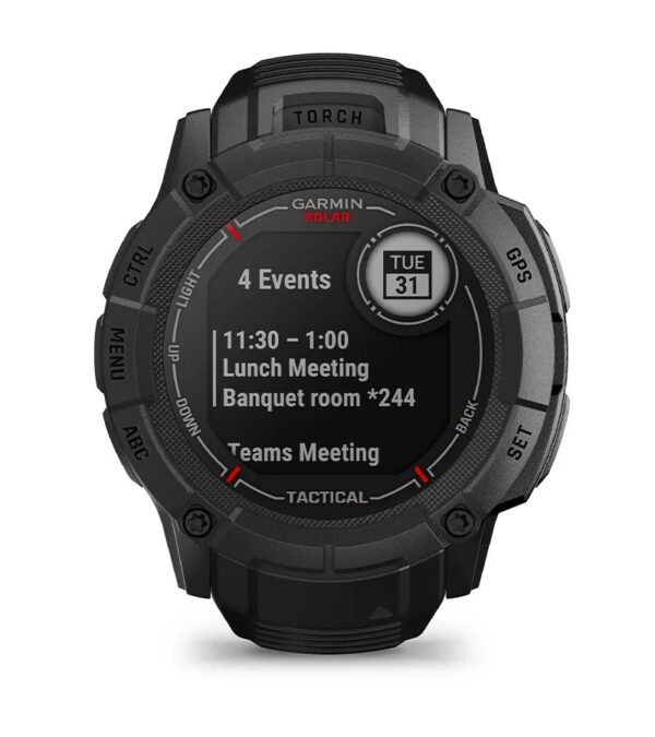 Garmin Jordan spec card (Instinct 2X solar tactical calendar view)