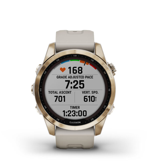 Garmin Jordan spec card (fenix 7s sapphire solar grade adjusted pace)