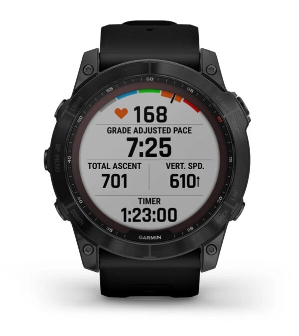 Garmin Jordan spec card (fenix 7x sapphire solar grade adjusted pace)