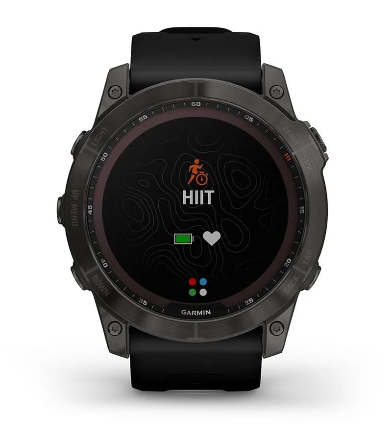 Garmin Jordan spec card (fenix 7x sapphire solar hiit workouts)