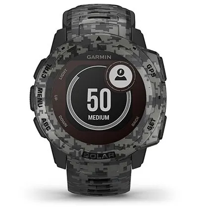 Garmin Jordan spec card (instinct Solar camo stress tracking)