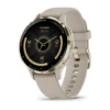 Soft gold stainless steel bezel with French grey case and silicone band